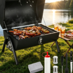 Portable Charcoal Grill Set of 8 – Small Tabletop BBQ with Tongs, Knife & Grill Brick for RV, Picnic, Patio & Beach