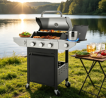 Large 3-Burner Gas Grill with Side Burner – Porcelain Cast Iron Grates for Patio & Party Cooking
