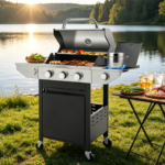 Large 3-Burner Gas Grill with Side Burner – Porcelain Cast Iron Grates for Patio & Party Cooking