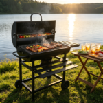 28-Inch Charcoal Grill with 2 Foldable Side Tables & Bottom Shelf – Pull-Out Ash Tray for Family Gatherings & Camping