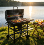 28-Inch Charcoal Grill with 2 Foldable Side Tables & Bottom Shelf – Pull-Out Ash Tray for Family Gatherings & Camping
