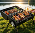 2-in-1 Double-Sided Portable Charcoal Grill – Small Tabletop BBQ with Food Tray & Rack for Camping & Home