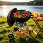 18-Inch Heavy-Duty Round Charcoal Grill – Thickened Bowl on 4 Legs & Wheels for Camping, Travel & Tailgating