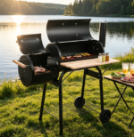 Charcoal Grill with Offset Smoker – Outdoor Patio Cooker on Wheels with Tray for Balcony, Picnics & Camping