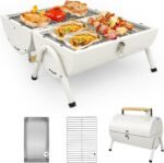 Foldable Tabletop Charcoal Grill – 232 sq.in Cooking Area, Dual-Sided Smoker in White for Camping & Travel