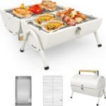 Foldable Tabletop Charcoal Grill – 232 sq.in Cooking Area, Dual-Sided Smoker in White for Camping & Travel
